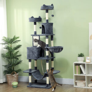 81" Cat Tree w/ Cat Scratching Posts, Scratching Board, Condos, Beds, Hammocks, Toy Balls, Rope Cat Toy, Gray - Image 6
