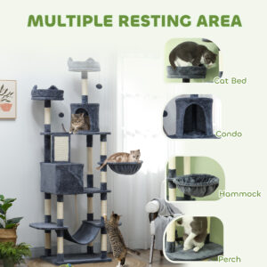 81" Cat Tree w/ Cat Scratching Posts, Scratching Board, Condos, Beds, Hammocks, Toy Balls, Rope Cat Toy, Gray - Image 4