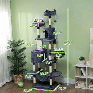 81" Cat Tree w/ Cat Scratching Posts, Scratching Board, Condos, Beds, Hammocks, Toy Balls, Rope Cat Toy, Gray - Image 8